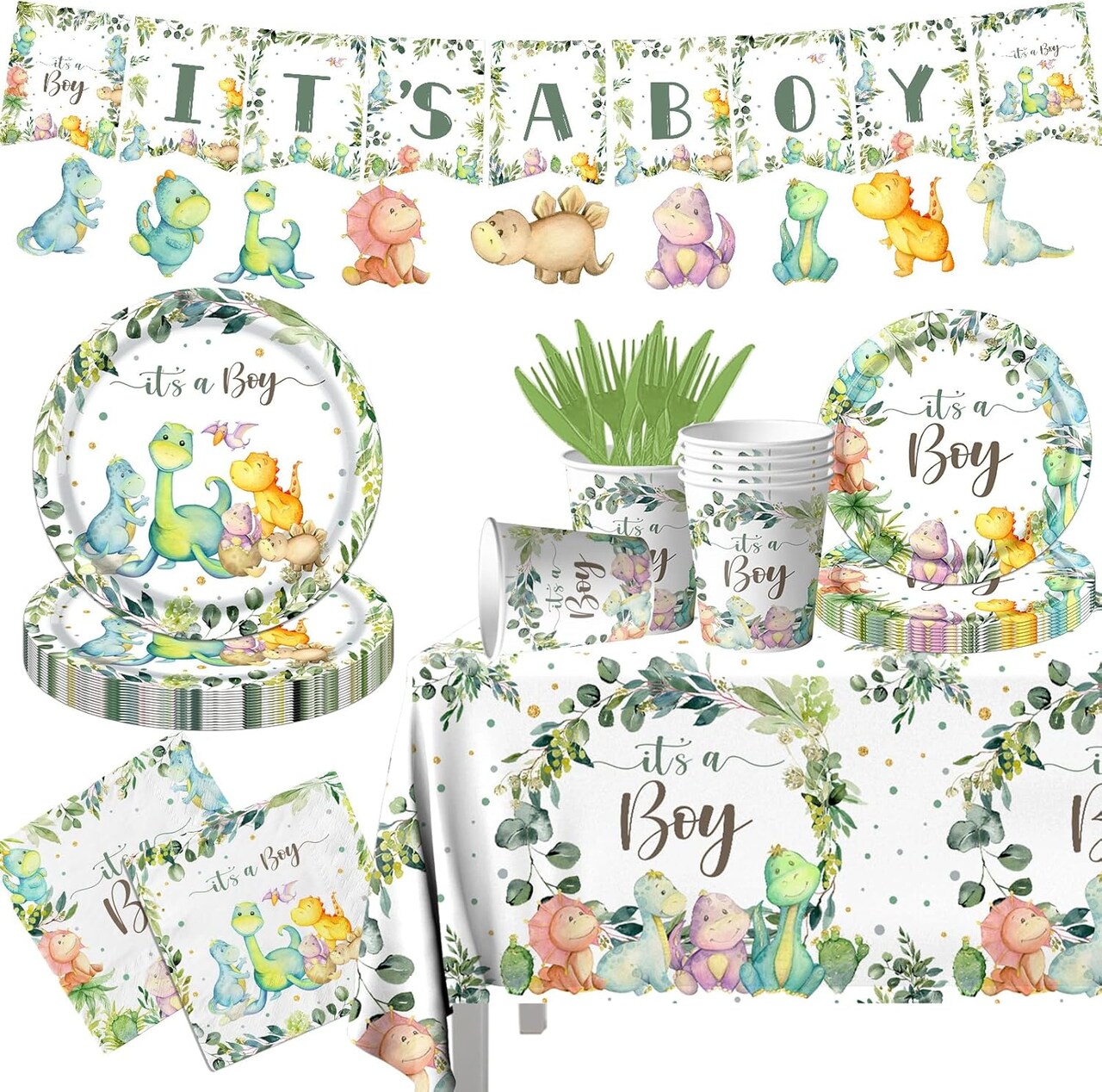 20 Guests-Dinosaur Birthday Party Decorations It's a Boy Baby Shower Party Supplies (Green)